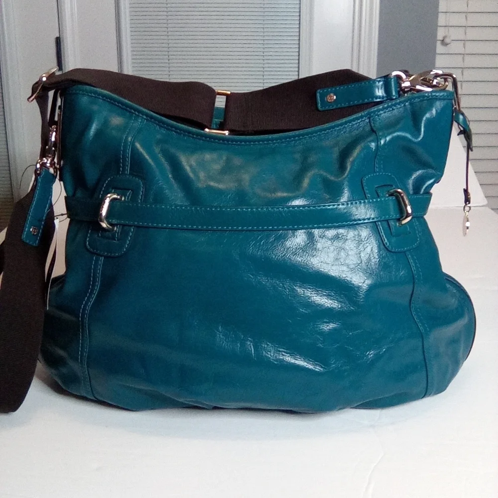 Teal Leather Shoulder Bag with removable Crossbody Strap.